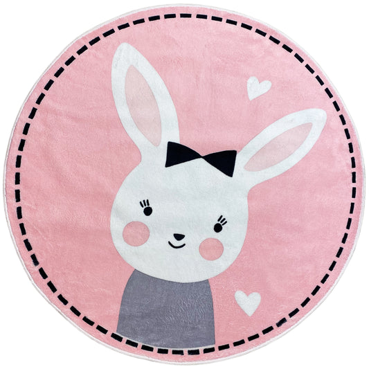 Runder Kinderteppich mit Hasenmotiv, rosa mit schwarzer Fliege und weißen Herzen