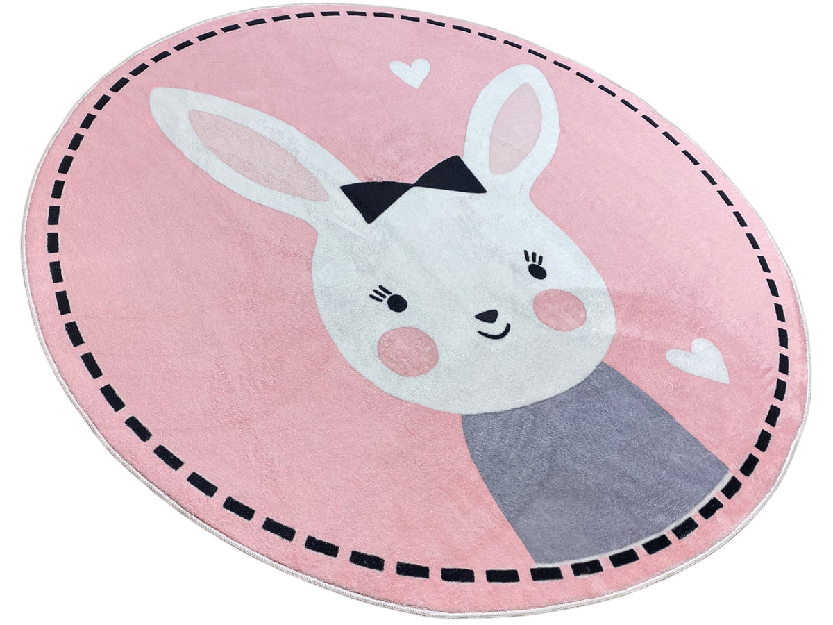 Runder Kinderteppich mit Hasenfigur und Fliege, rosa mit weißen Herzchen