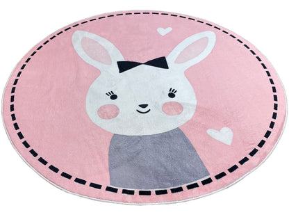 Runder Kinderteppich mit zentriertem Hasengesicht, rosa und schwarze Umrandung
