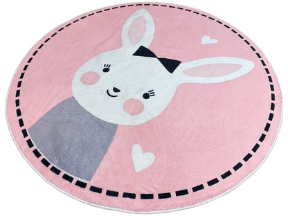 Runder Kinderteppich mit Hasenmotiv, rosa, Hasenkopf mit Fliege und Herzchen