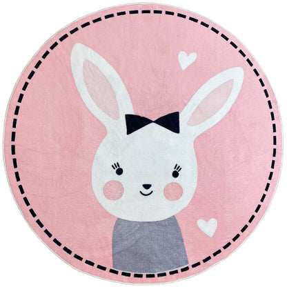Runder Kinderteppich mit Hasenmotiv, rosa Hintergrund und schwarzen Ziernähten