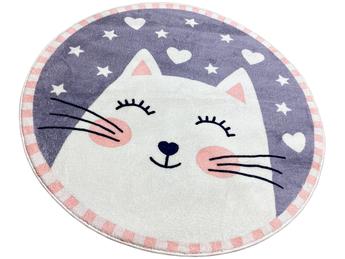 Runder Kinderteppich mit großer Katzenfläche, geschlossene Augen, Sterne, ca. 100 cm