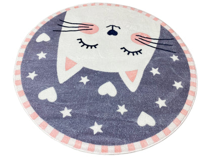 Runder Kinderteppich mit schlafender Katze und Sternen/Herzen, ca. 100 cm