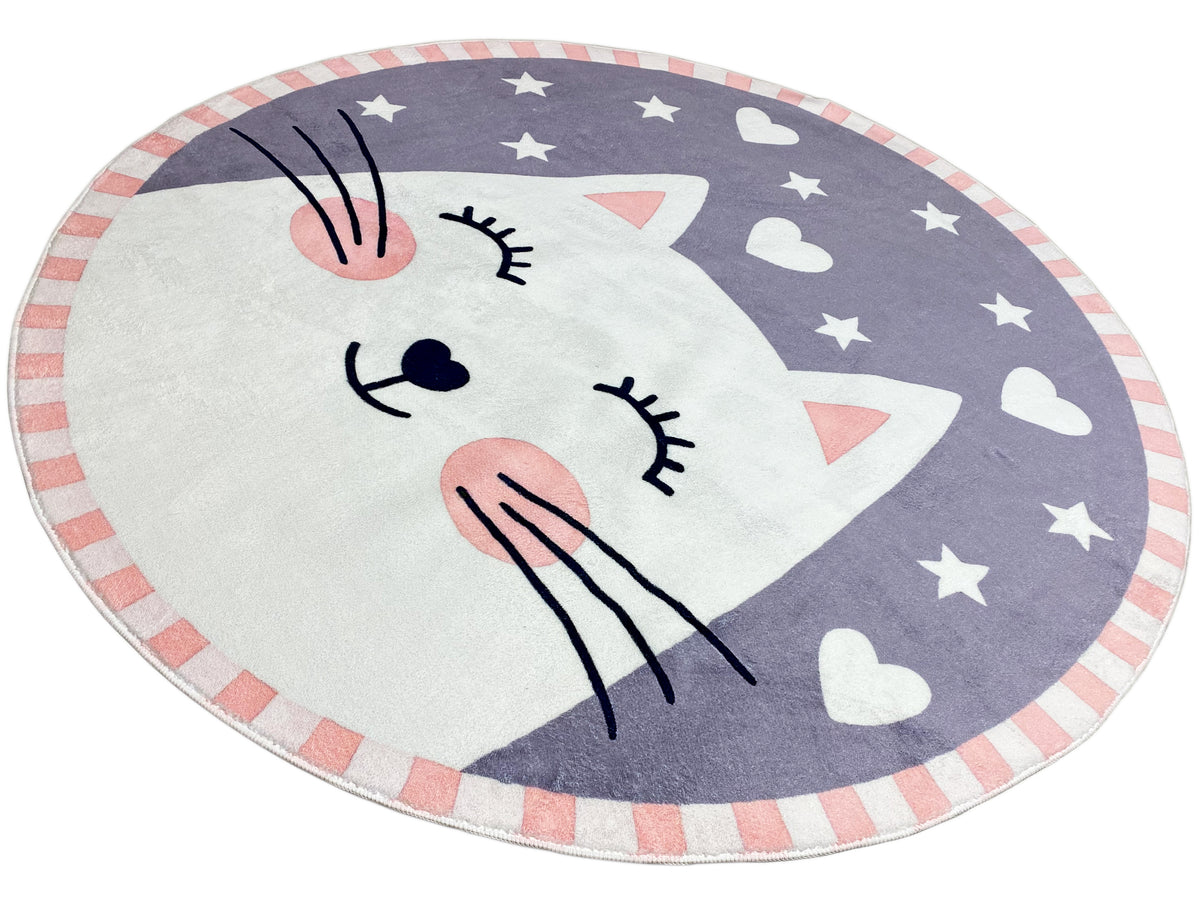 Runder Kinderteppich Katze mit rosa Pfoten und Sternen, runder Rand