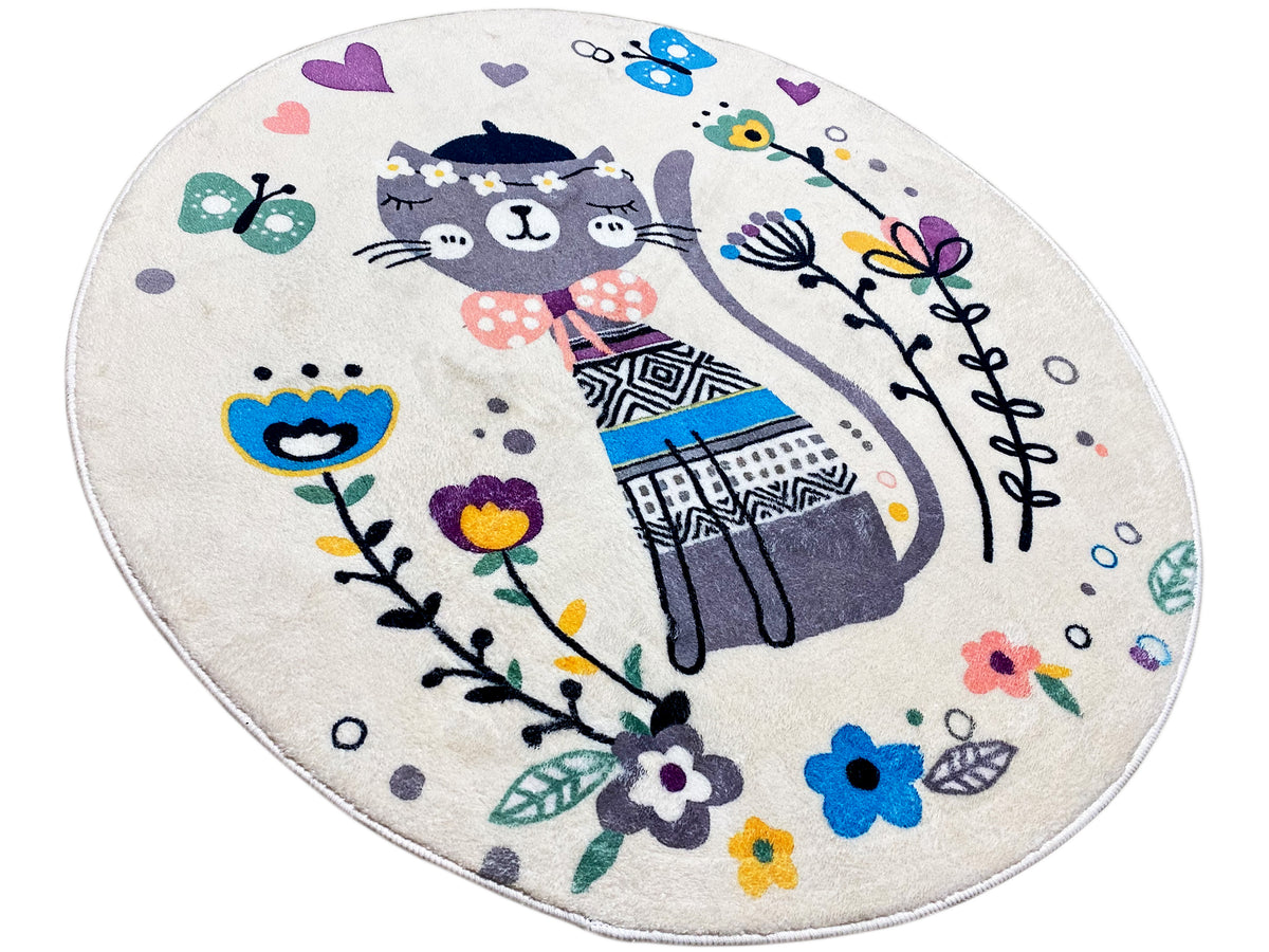 Runder Kinderteppich mit Katze, bunten Blumen und Schmetterlingsmotiven