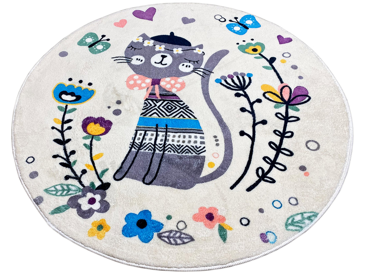 Runder Kinderteppich mit stehender Katze, bunten Blüten und verspielten Punkten