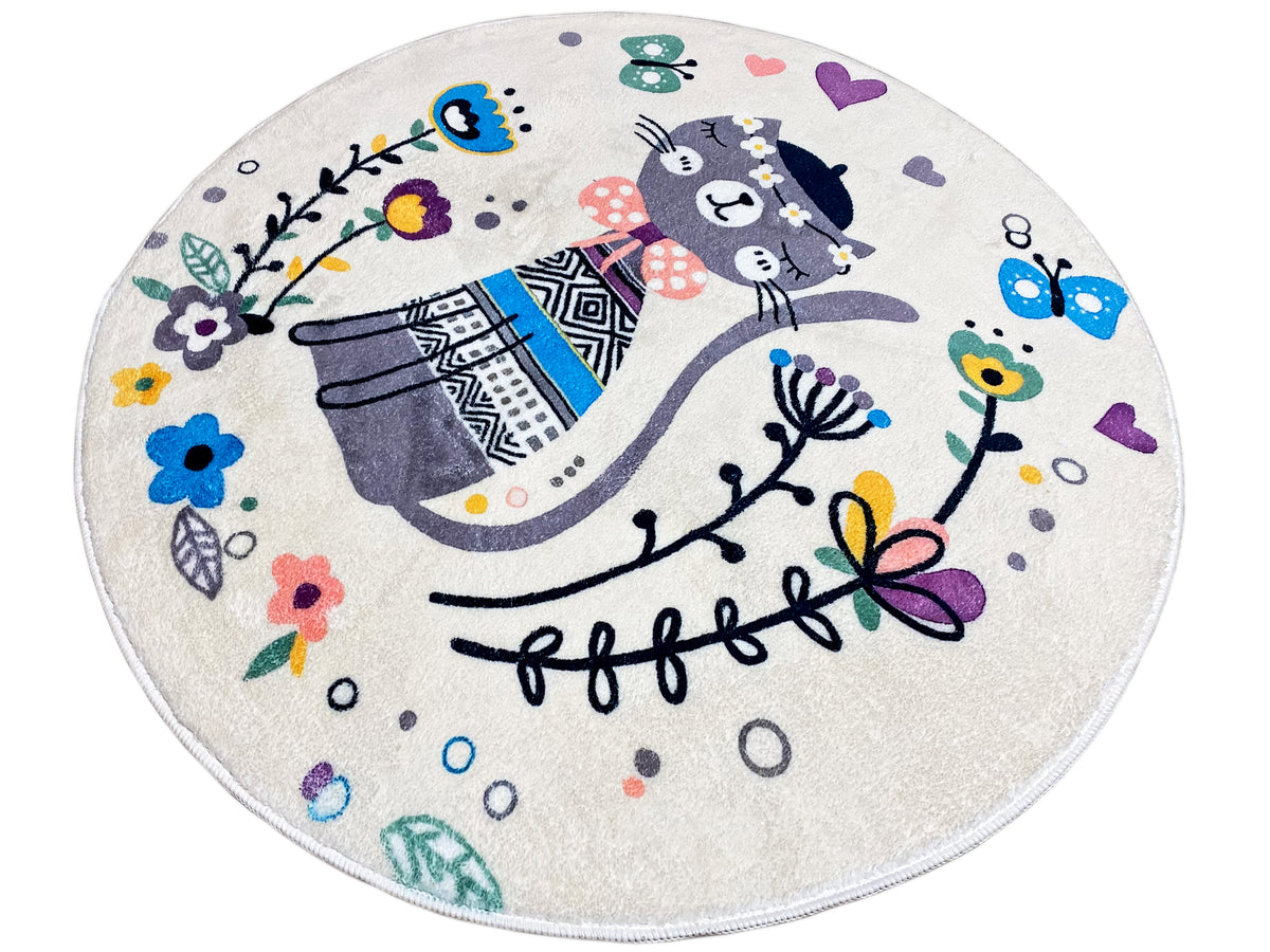 Runder Kinderteppich mit Katzenmotiv und floralen Ornamenten in mehreren Farben