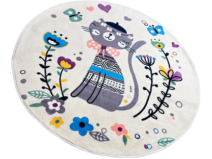 Runder Kinderteppich mit Katze, Blumen und Herzchen, beiger Grund, ca. 120 cm