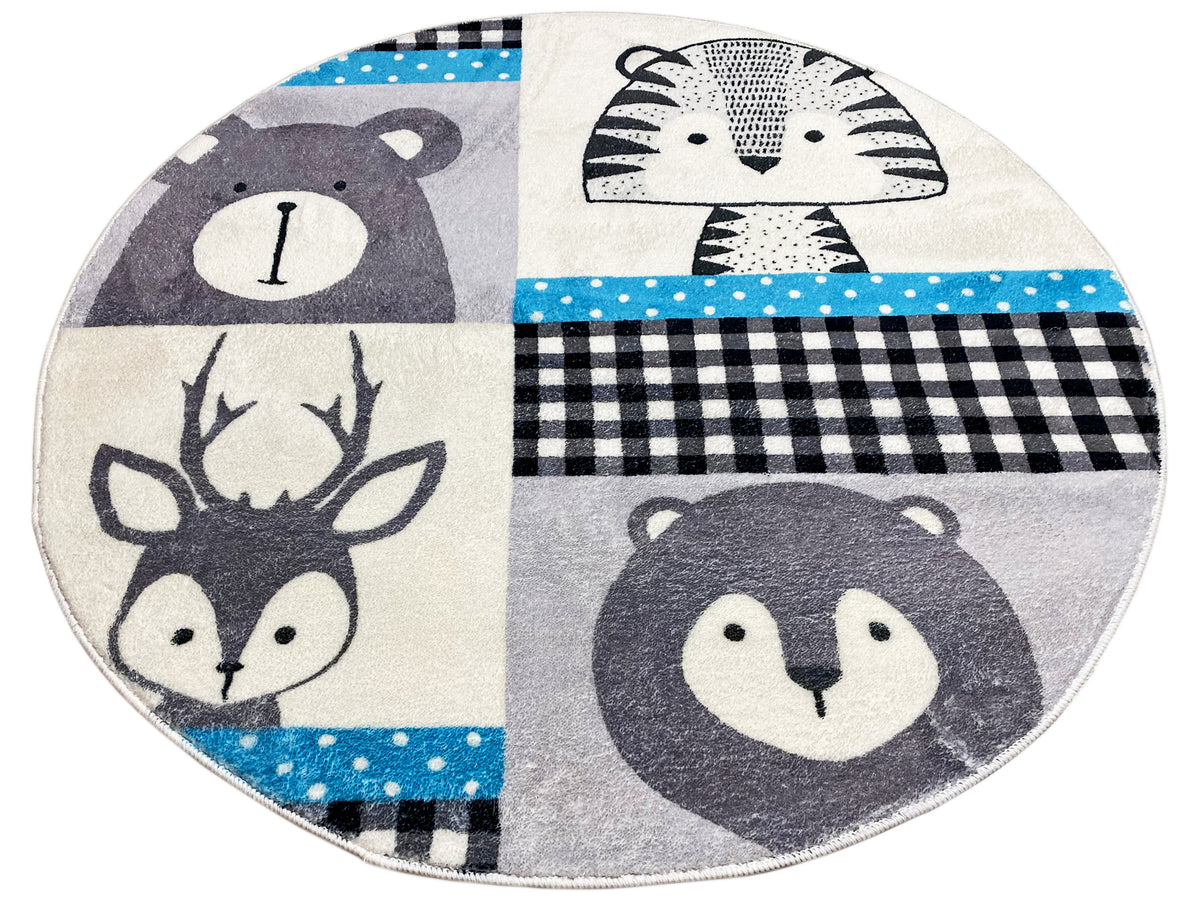 Runder Kinderteppich mit Tierbildern im Patchwork-Look, karierten Flächen und Blauakzenten