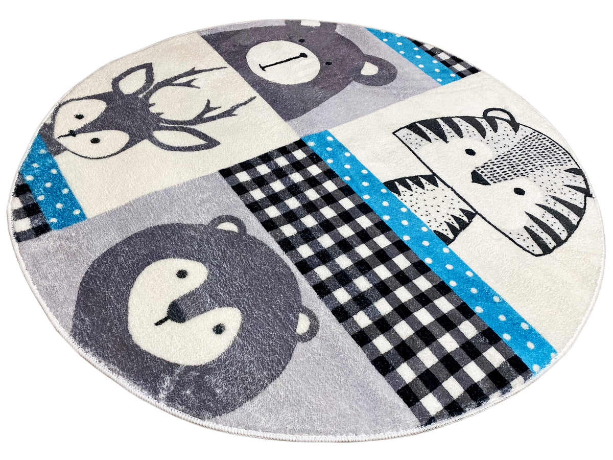 Runder Kinderteppich mit Tiergrafiken, Karomuster und blauen Streifen im Patchwork-Design