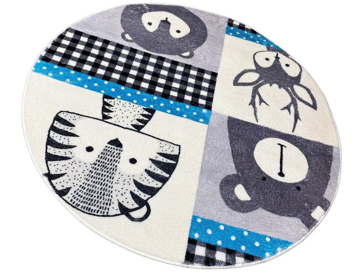 Runder Kinderteppich mit Tiermotiven und karierten Elementen, Patchwork in Grau und Blau