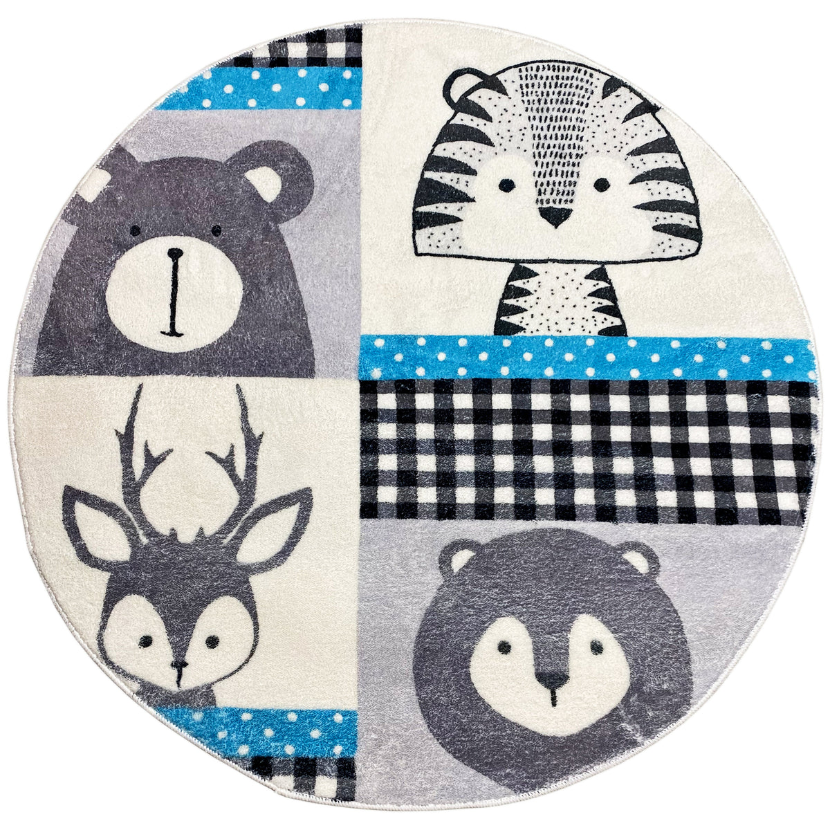 Runder Kinderteppich mit Tiermotiven und Patchwork-Design in Blau, Schwarz und Grau