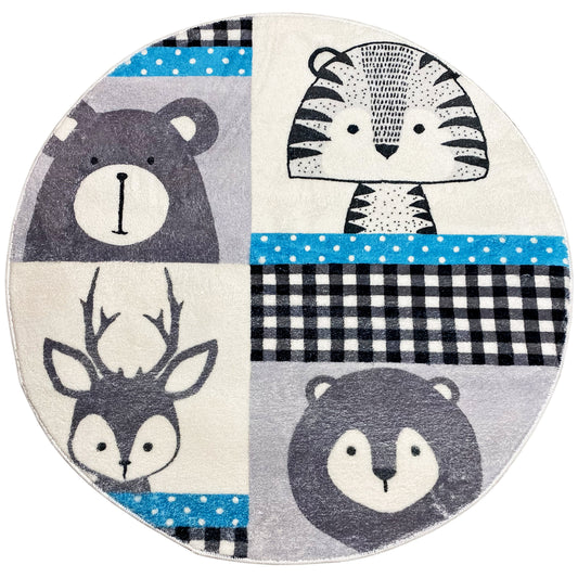 Runder Kinderteppich mit Tiermotiven und Patchwork-Design in Blau, Schwarz und Grau