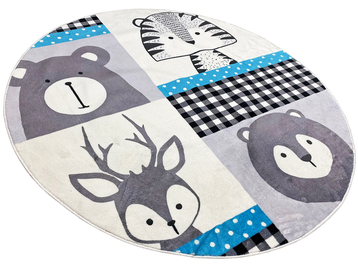 Runder Kinderteppich mit Tiermotiven in Grau, Blau und Schwarz
