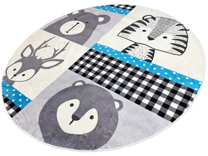 Runder Kinderteppich mit Tiermotiven im Patchwork-Design
