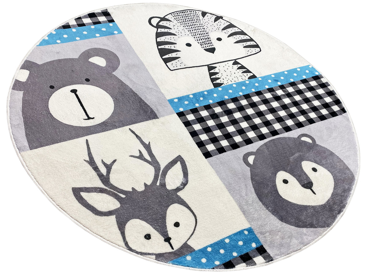 Runder Kinderteppich mit Tiermotiven: Zebra, Bär, Hirsch und Muster in Grau/Schwarz/Blau