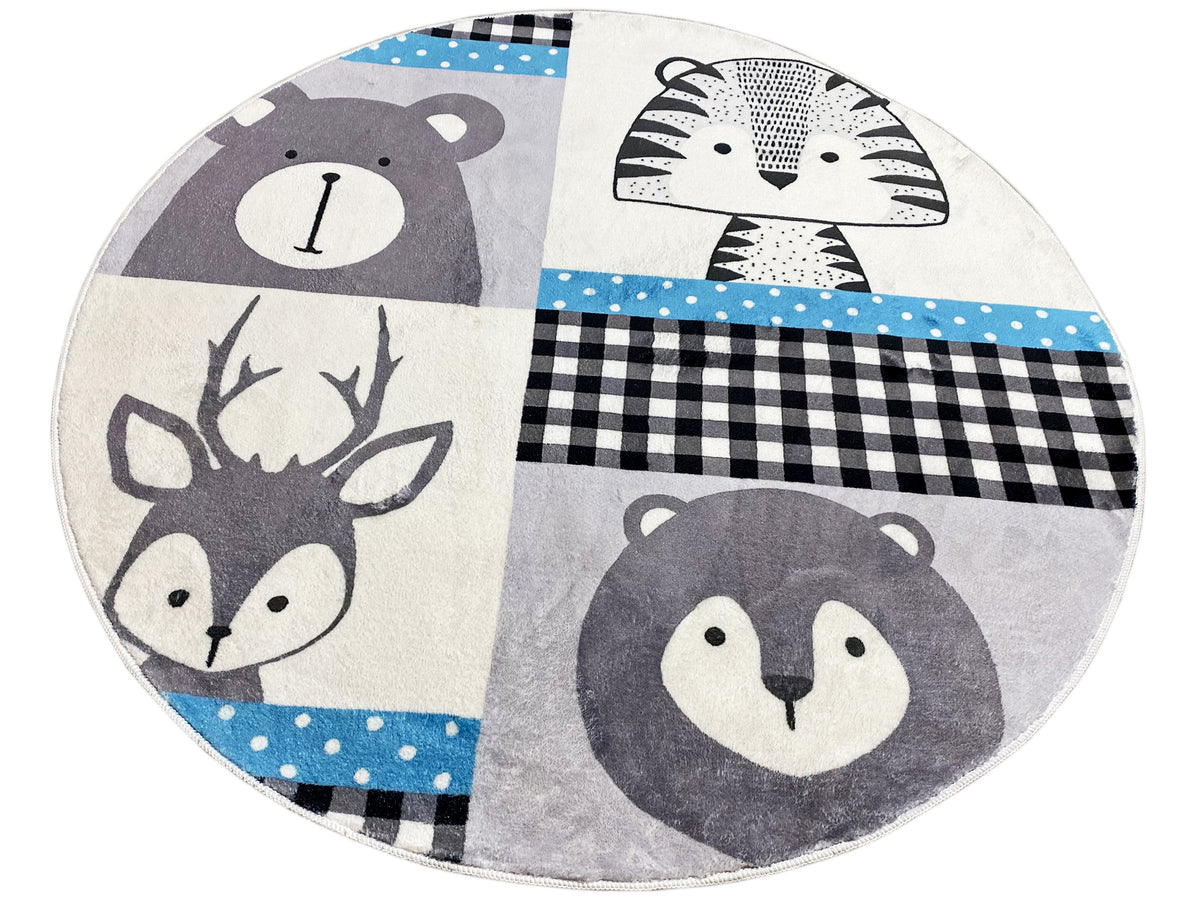 Runder Kinderteppich mit Tiermotiven: Igel, Hirsch, Fuchs und Bär in Grau/Schwarz/Blau