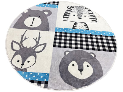 Runder Kinderteppich mit Tiermotiven: Igel, Hirsch, Fuchs und Bär in Grau/Schwarz/Blau