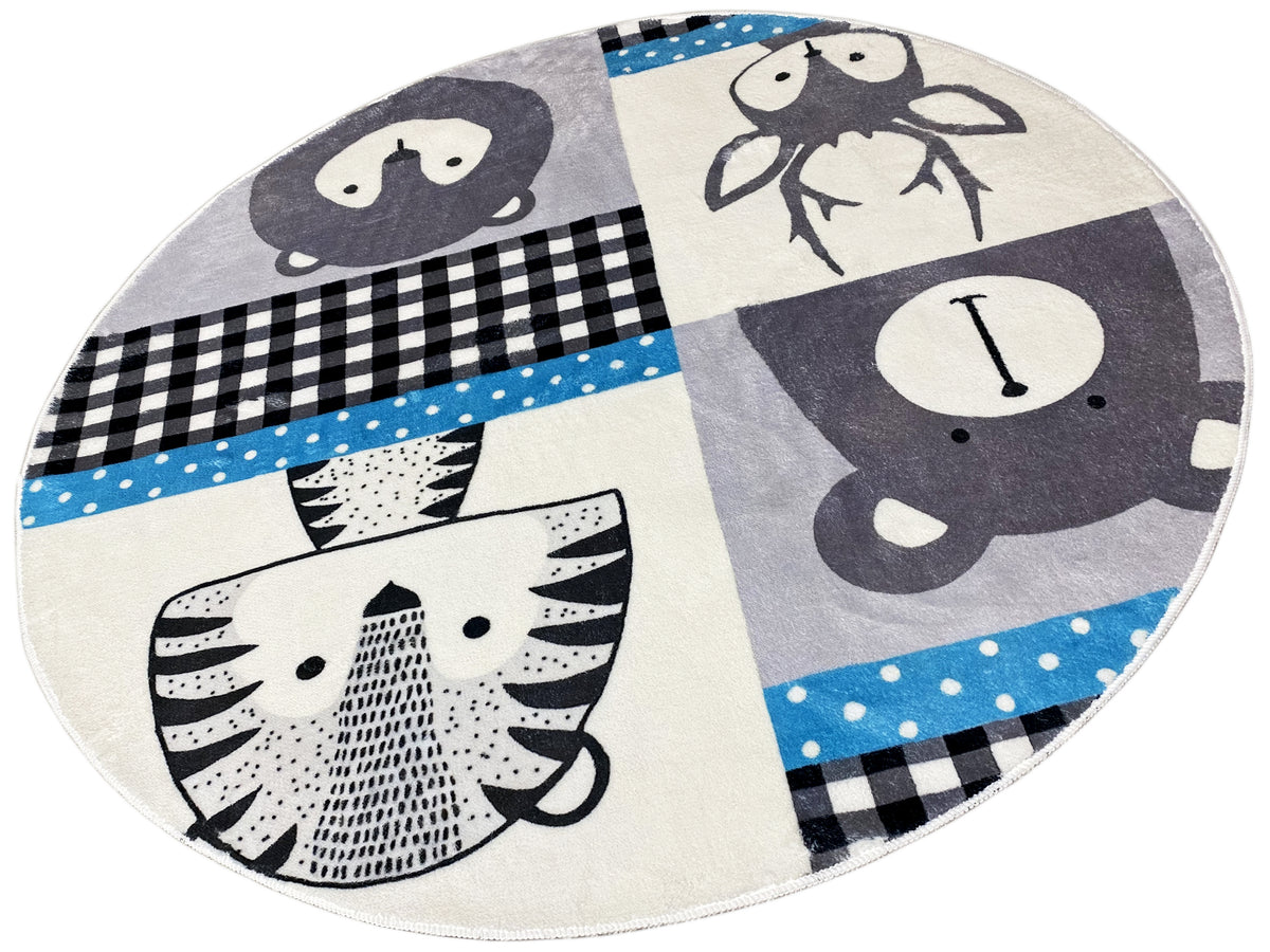 Runder Kinderteppich mit Tiermotiven: Maus, Igel, Hund und Gingham in Grau/Schwarz/Blau
