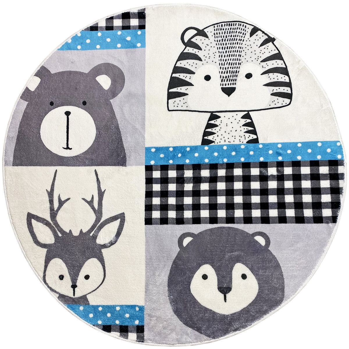 Runder Kinderteppich mit Tierpatches: Igel, Panda, Hirsch und Hund in Grau/Schwarz/Blau