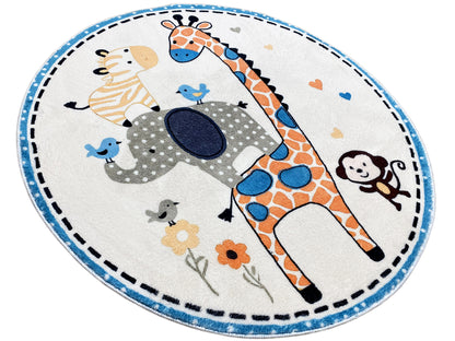 Runder Kinderteppich mit Giraffenmotiv und Tieren, blau-oranges Design, rund