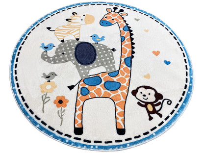 Runder Kinderteppich rund mit Giraffe, Elefant und Vögeln, helles Tierbild