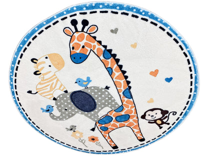 Runder Kinderteppich mit Giraffe, Elefant und Löwe, blau gepunktete Umrandung