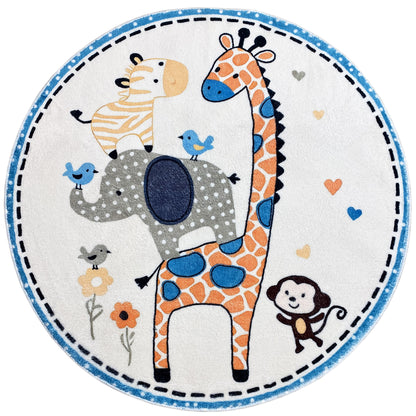 Runder Kinderteppich mit Tiermotiv: Giraffe, Elefant, Löwe und Maus