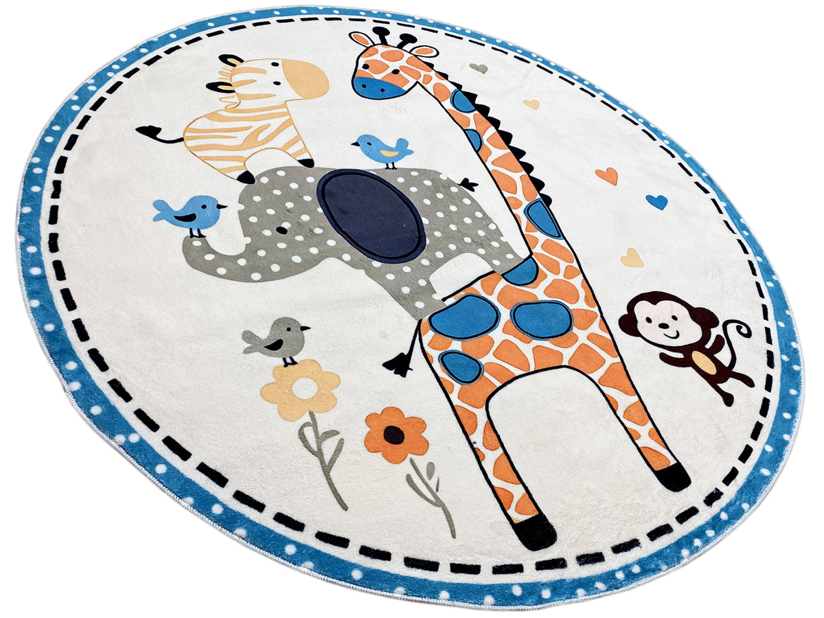 Runder Kinderteppich mit Giraffen- und Tierillustrationen, blaue Ziersäume