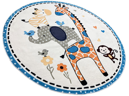 Runder Kinderteppich mit Giraffen- und Tierillustrationen, blaue Ziersäume