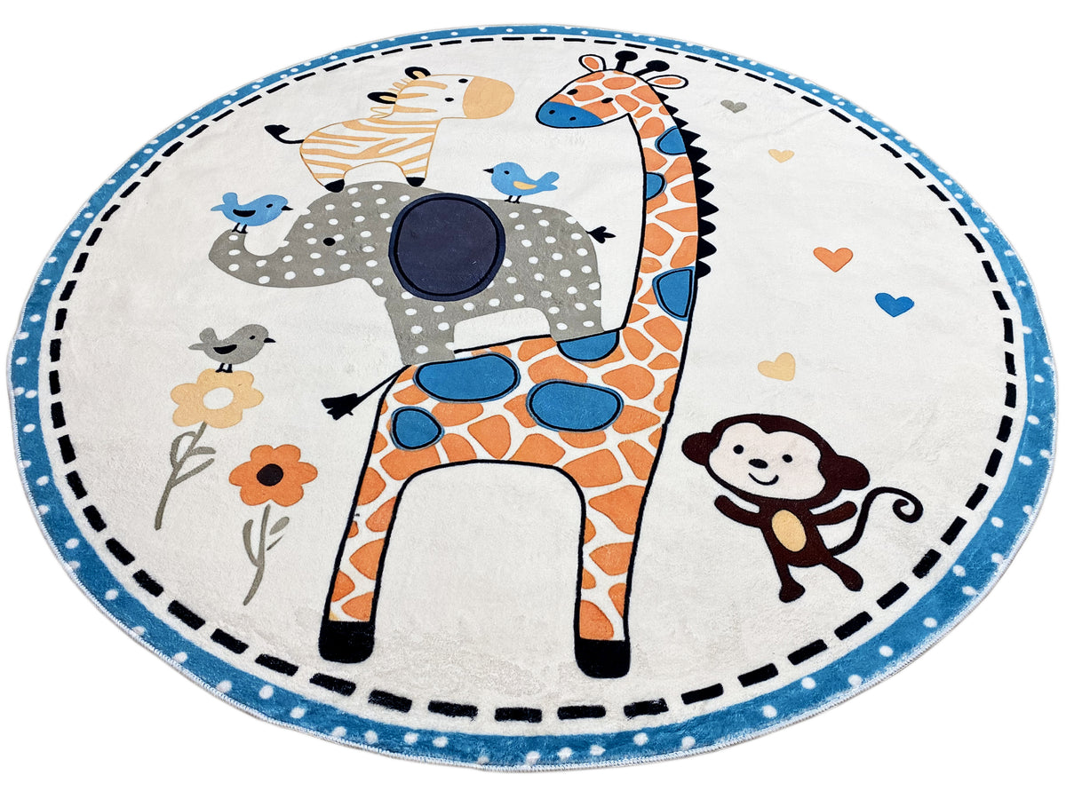 Runder Kinderteppich mit Giraffe, Elefant und Hundemotiv, weißem Grund und blauem Rand