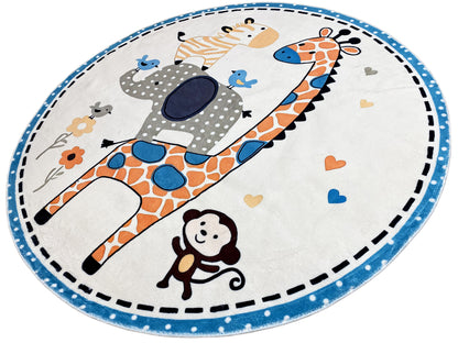 Runder Kinderteppich mit Giraffe, Igel und Hund, Herzen und Blumen, blau umrandet