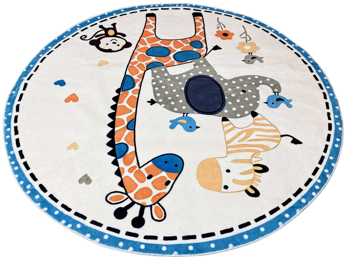 Runder Kinderteppich mit Giraffenmotiv, grauem Zebra und Löwen, orange-blaue Akzente
