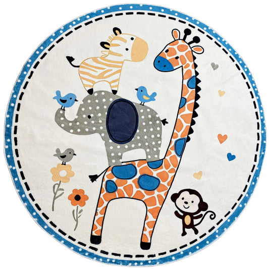 Runder Kinderteppich mit Tiermotiv: Giraffe, Löwe und kleine Tiere, blauer Rand