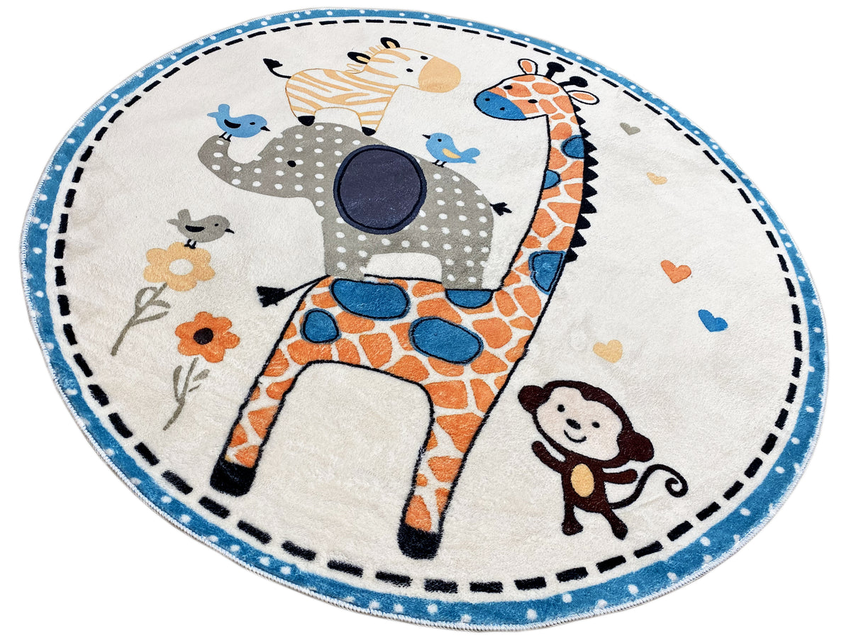Runder Kinderteppich mit Tiermotiven, Giraffe und Bärchen, kontrastierende blaue Bordierung