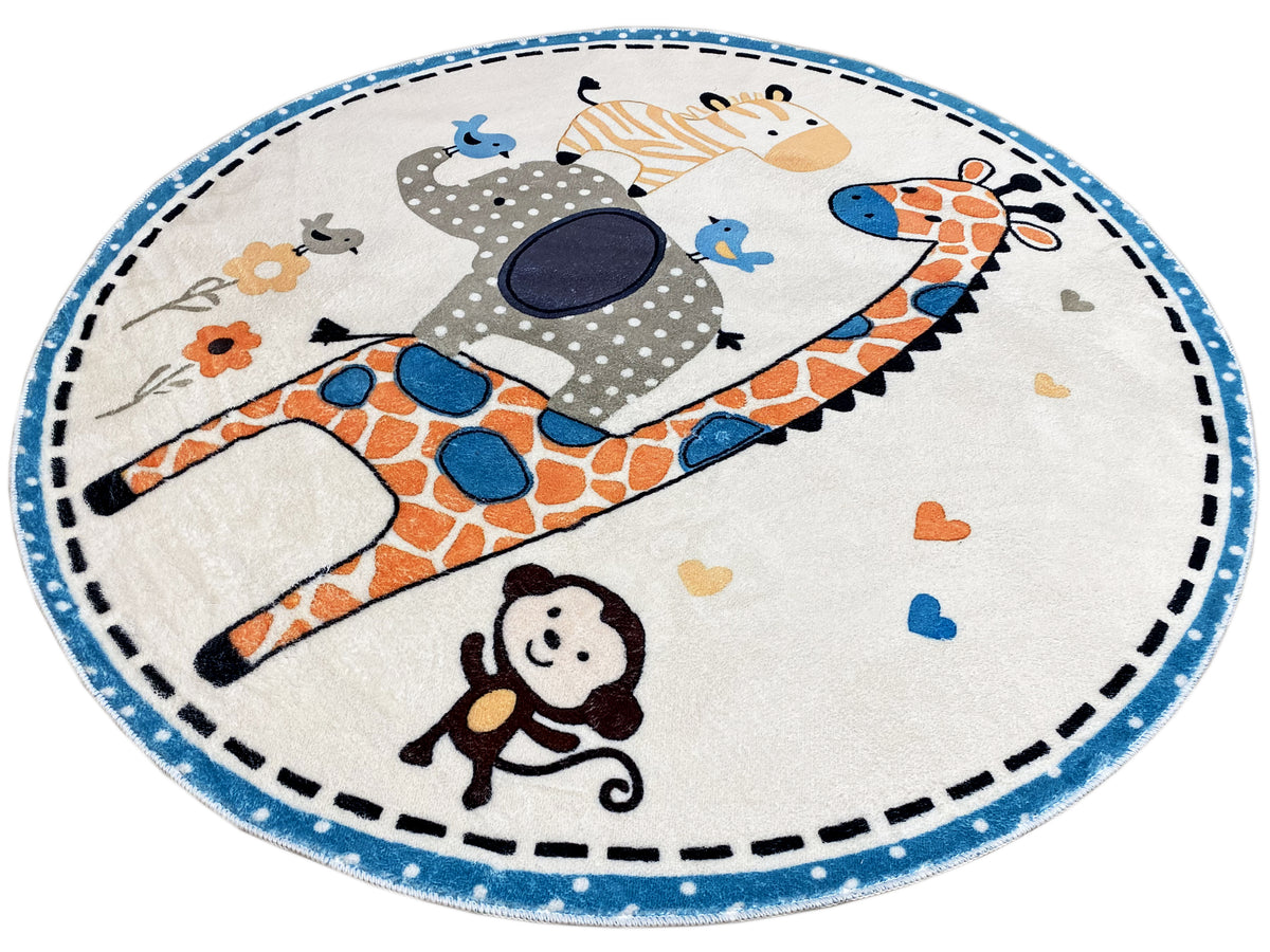 Runder Kinderteppich mit Tierillustrationen, Giraffe und kleiner Affe, blaue Umrandung