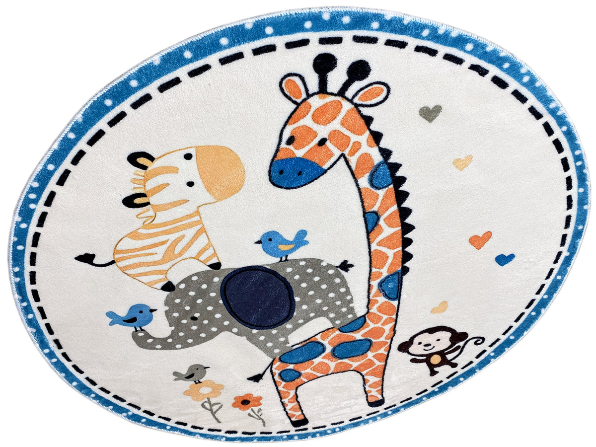 Runder Kinderteppich mit Giraffenmotiv und Tieren wie Katze und Maus, Herzen in Blau
