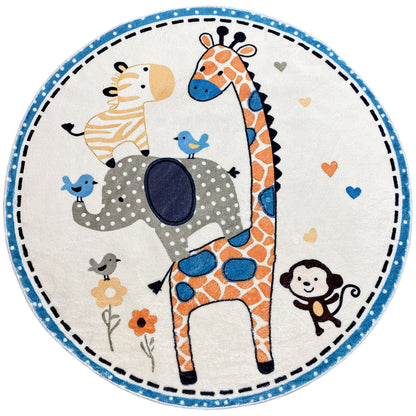 Runder Kinderteppich mit Tiermotiven: Giraffe, Katze, Maus, Vögel und Blumen in Blau