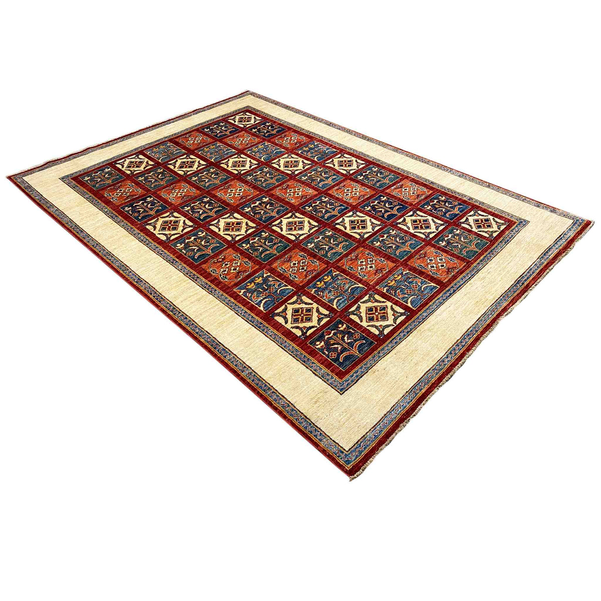 Khorjin rug, diagonally oriented: geometric floral motifs in blue, red, and cream