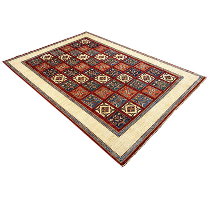 Khorjin rug, diagonally oriented: geometric floral motifs in blue, red, and cream