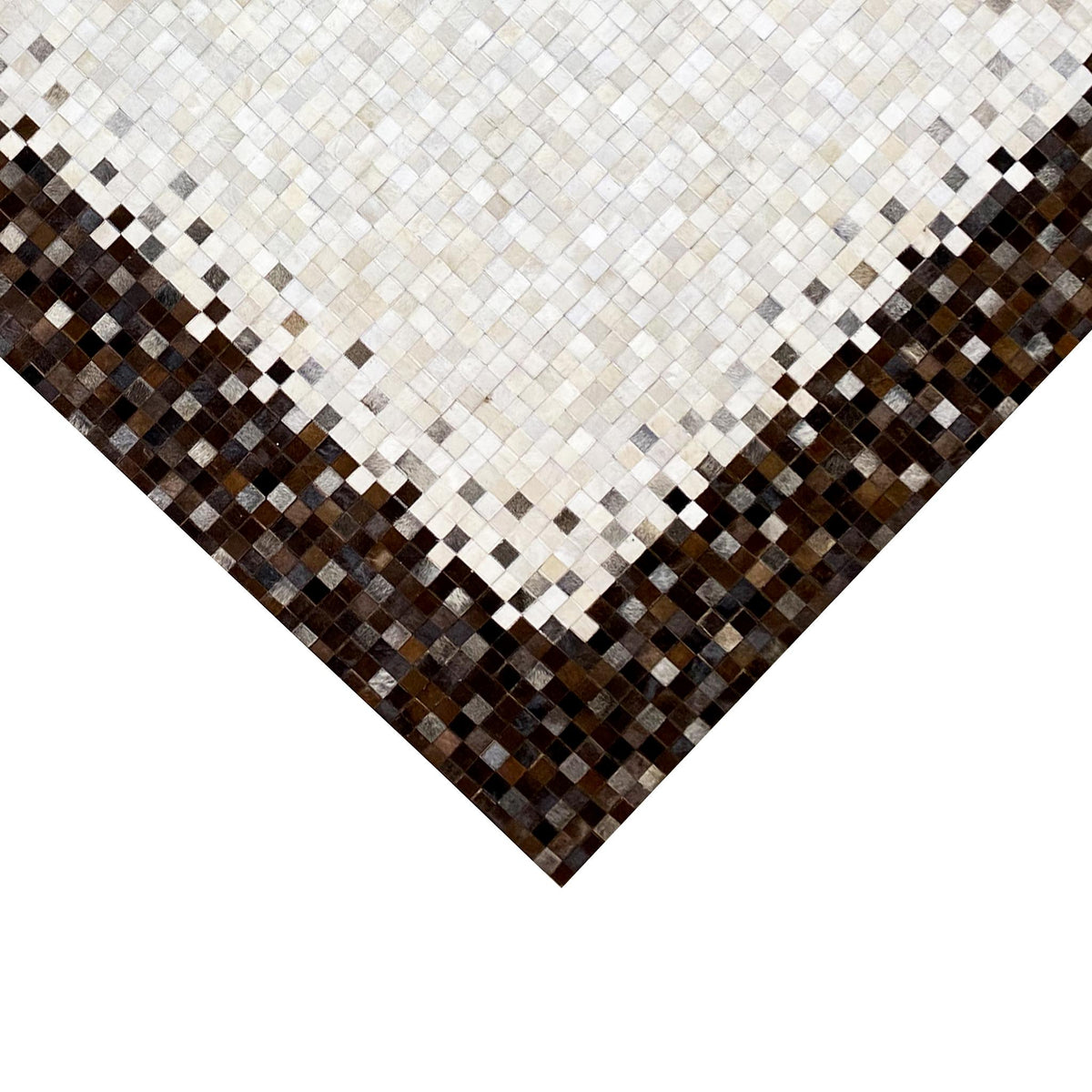 Calfskin rug with a geometric mosaic in a light pattern and dark corner area