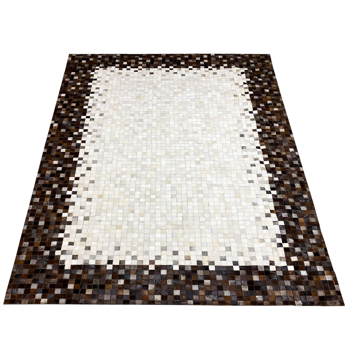 Calfskin rug with a rectangular overall design: light center, dark border frame