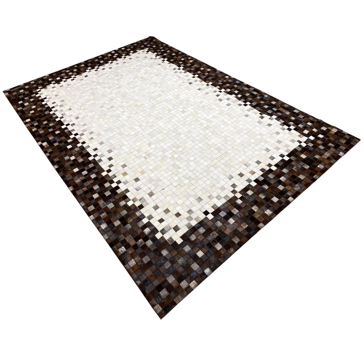 Calfskin rug with a square view: white center, brown-black border