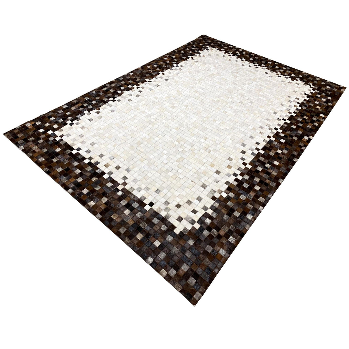 Calfskin rug in diamond view with a light central motif and dark border