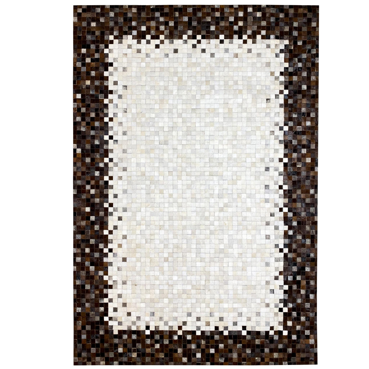 Calfskin rug with a geometric mosaic, light-colored center, and brown-black border