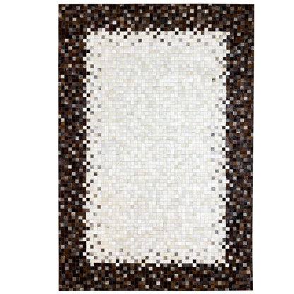 Calfskin rug with a geometric mosaic, light-colored center, and brown-black border