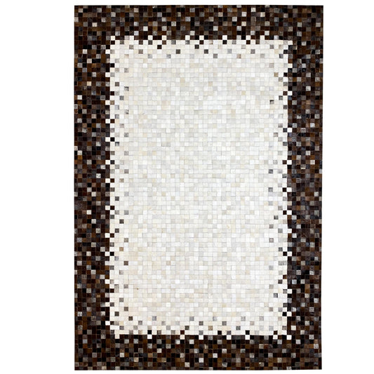 Calfskin rug with a geometric mosaic, light-colored center, and brown-black border
