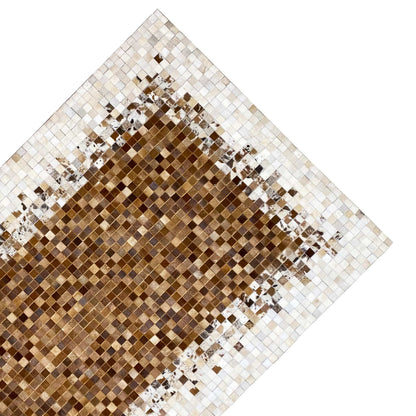 Calfskin rug in the corner: brown mosaic among light-colored tiles