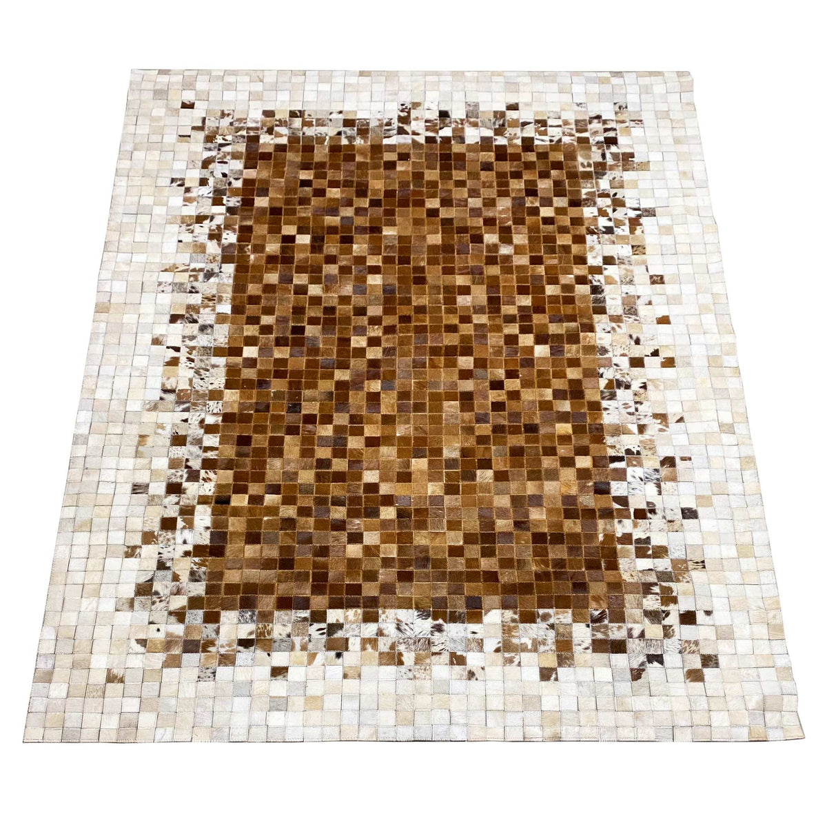 Calfskin rug in full view: brown mosaic with a light border