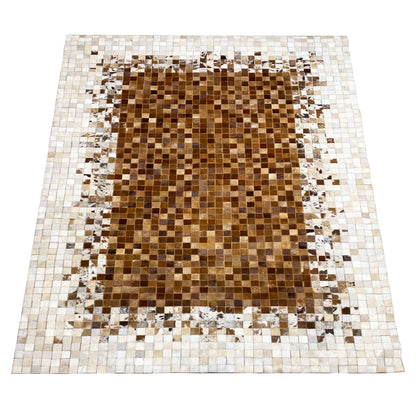 Leather rug in a square brown-and-white mosaic with a geometric border, front view